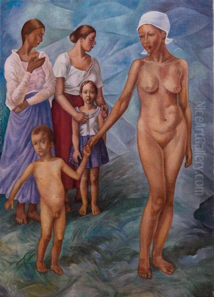 Donne E Bimbi Oil Painting by Kuzma Sergievitch Petrov-Vodkin