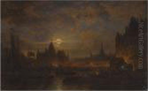 Amsterdam By Moonlight Oil Painting by Alexei Petrovitch Bogoliubov