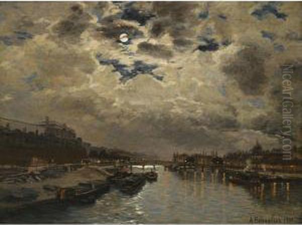 Moonlit View Of The Seine Oil Painting by Alexei Petrovitch Bogoliubov