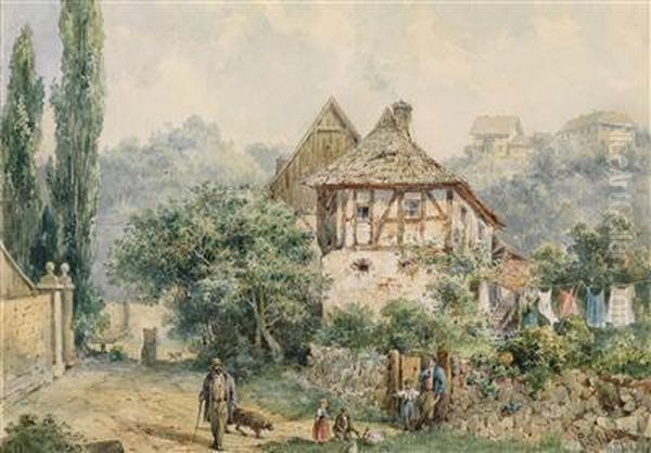 A Village Motifwith Houses On A Hill Oil Painting by Ladislaus Eugen Petrovits