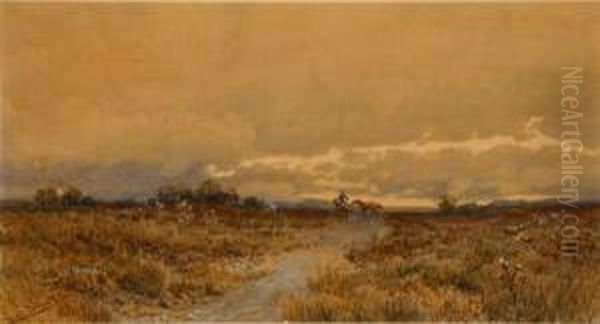 Mounted Figure Leading A Horse On A Dirtroad Oil Painting by Ladislaus Eugen Petrovits