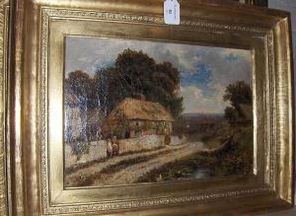 Thatched Cottages By A Country Lane Oil Painting by Charles R. Pettafor