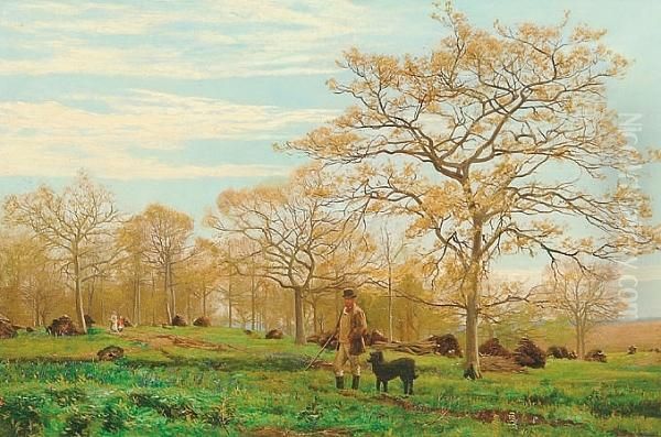 A Sporting Man And His Dog In A Wooded Landscape Oil Painting by Charles R. Pettafor