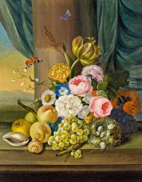 Blumen- Und Fruchtestillleben Mit Vogelnest Oil Painting by Franz Xaver Petter