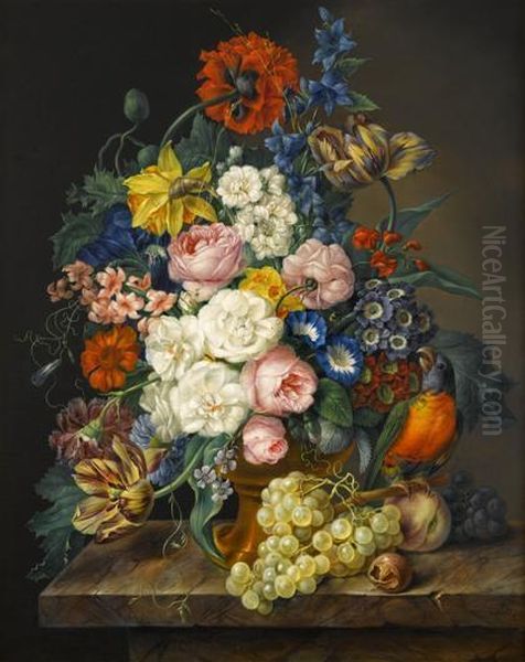 Still Life With Roses And Tulips With Parrot In A Brass Vase Oil Painting by Franz Xaver Petter