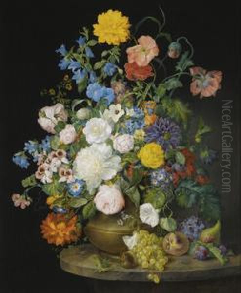 A Vase Of Camellias, Geraniums, Dahlias, A White Peony, Roses, Poppies And Other Flowers Oil Painting by Franz Xaver Petter