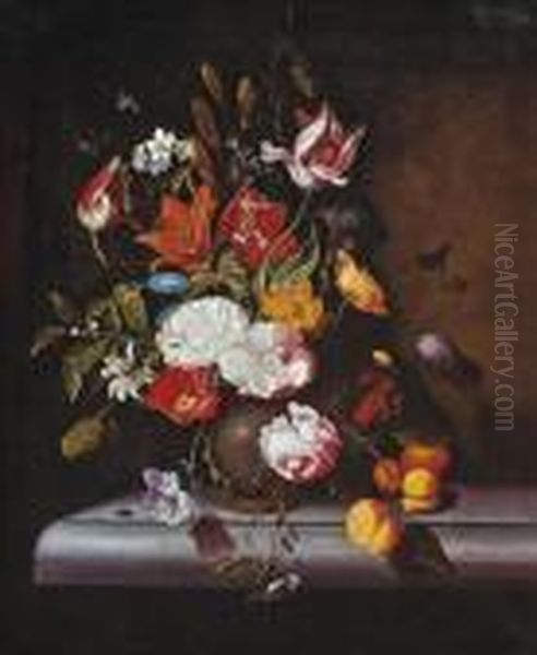 Roses, Tulips And Other Blooms In A Vase On A Ledge, With An Ant And A Beetle. Oil Painting by Franz Xaver Petter