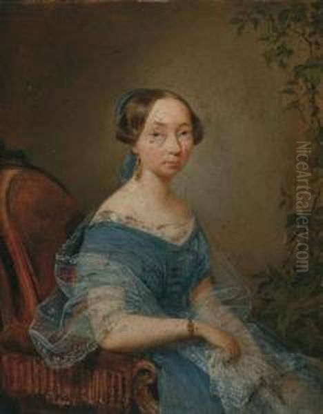 Portrait Of Amalie Bartsch In A Blue Dress Oil Painting by Theodor Petter