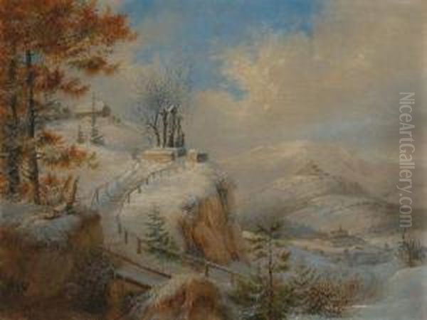 Winter Landscape With Station Of The Cross Oil Painting by Theodor Petter