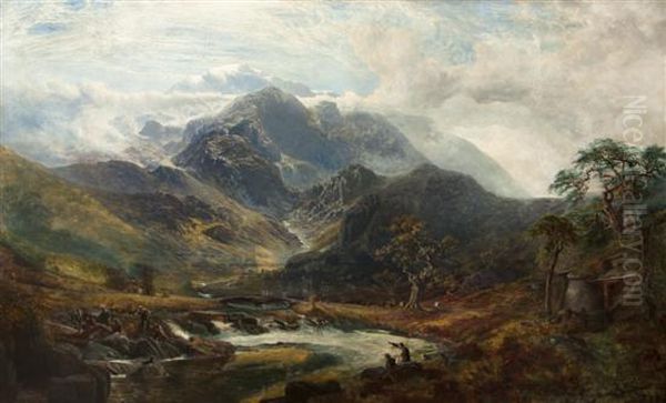 An Otter Hunt On A Mountain Stream Oil Painting by Charles Pettitt