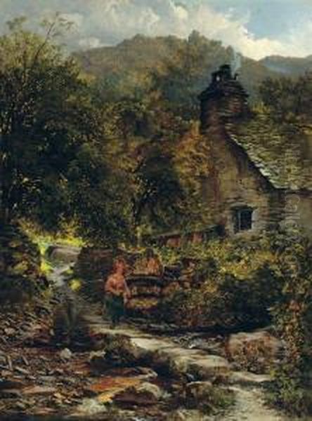 The Stepping Stones, Pentre Du, Betws-y-coed Oil Painting by Charles Pettitt