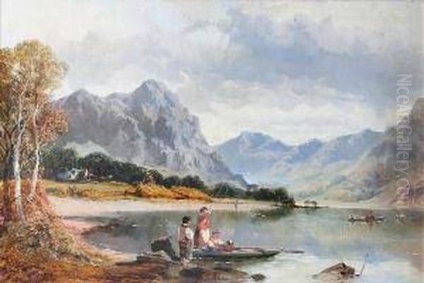 A Mountainous Lake Landscape With Children Fishing In A Boat Oil Painting by Edwin Alfred Pettitt