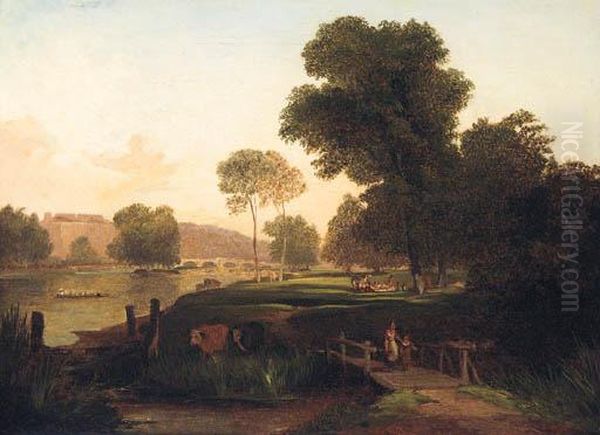 Figures In A Meadow With Richmond Bridge Beyond Oil Painting by George W. Pettitt