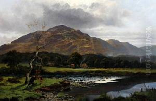 Extensive River Landscape, Possibly Lake District, With Boys Playing On A Swing By The River Bank, With Haymakers In The Distance Oil Painting by Joseph Paul Pettitt