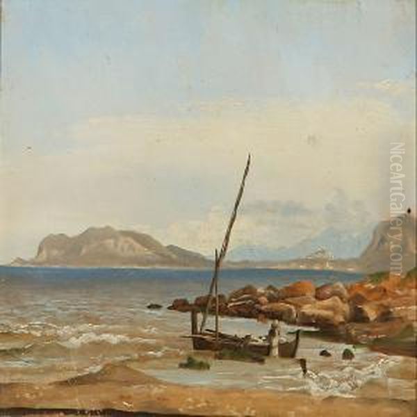 Italian Coastal Scene With A Fishing Boat In The Shallows Oil Painting by Fritz Petzholdt