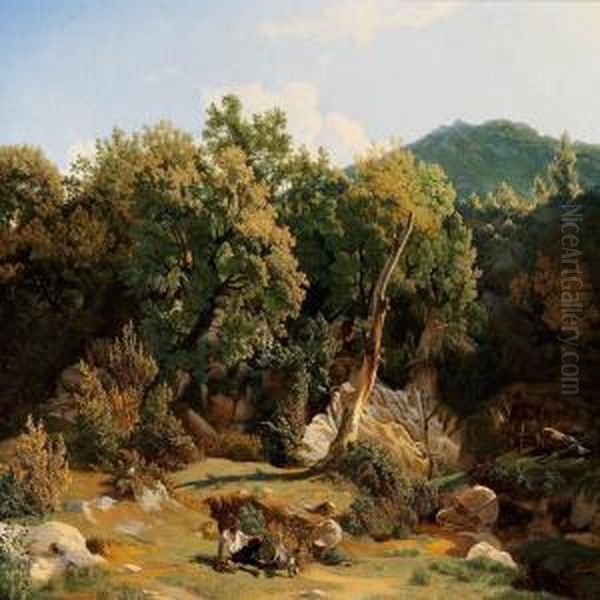 Italian Landscape With Two Shepherds Hunting Oil Painting by Fritz Petzholdt