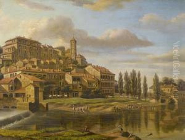 Ansicht Einer Italienischen Stadt Mit Figurenstaffage. Oil Painting by Joseph Petzl