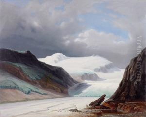 Hochgebirge Mit Gletscher, Im Vordergrund Wanderer Bei Der Rast Oil Painting by Heinrich Peyer