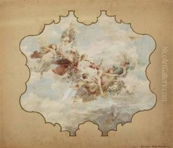 Flora Und Vier Schwebende Genien Mit Putti Oil Painting by Karl J. Peyfuss