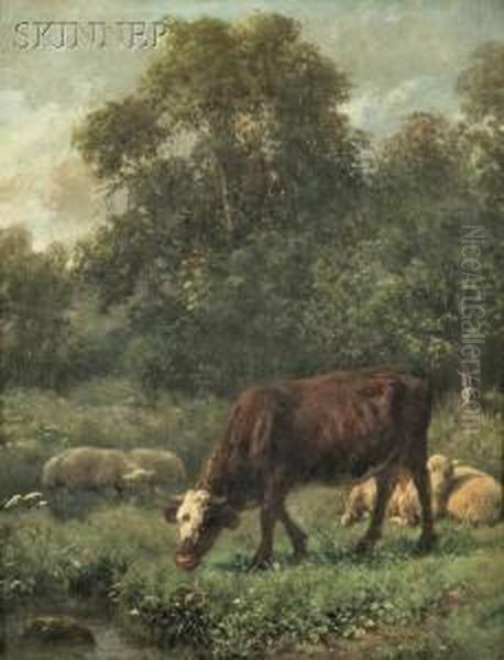 Pastoral Scene With Grazing Cow And Sheep Oil Painting by Juliette Peyrol Bonheur