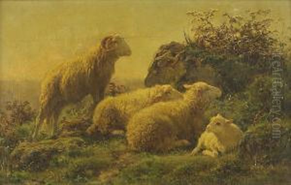 Untitled (ram, Two Ewes, And A Lamb In A Windylandscape) Oil Painting by Juliette Peyrol Bonheur