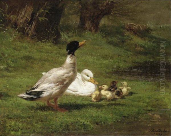 Ducks And Ducklings On A Riverbank Oil Painting by Juliette Peyrol Bonheur