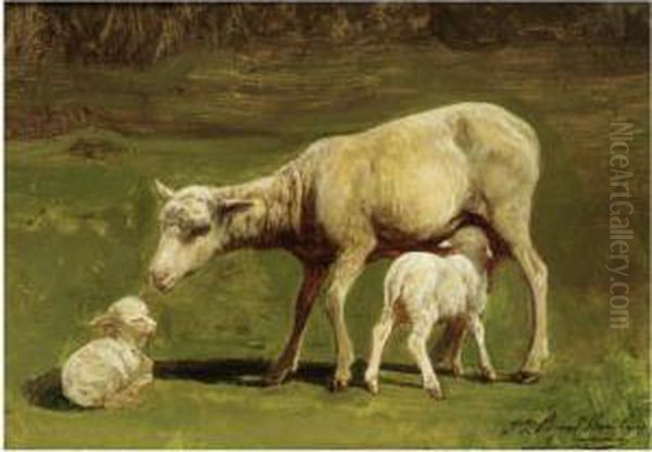 A Ewe And Two Lambs Oil Painting by Juliette Peyrol Bonheur