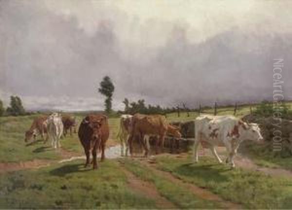 Cattle Watering By A Stream Oil Painting by Rene Peyrol