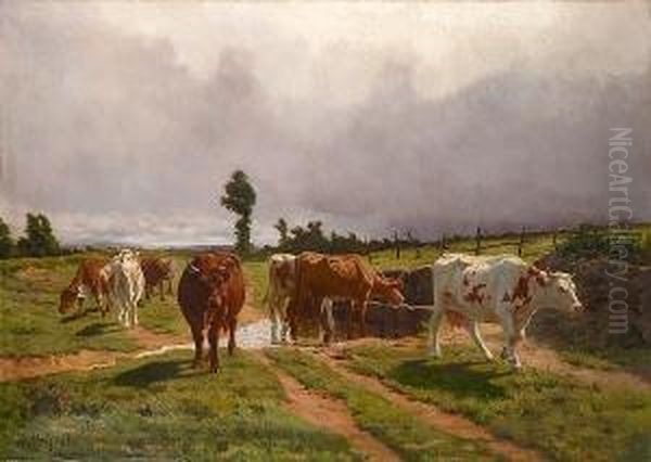 Cattle In A Landscape Oil Painting by Rene Peyrol