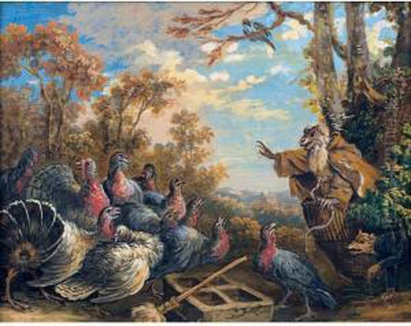 A Monkey, Dressed As A Franciscan Monk, Preaches To Turkeys, With A Fox Looking On Oil Painting by Alexis Peyrotte