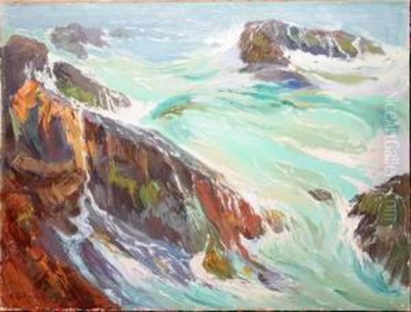 Waves On Rocks Oil Painting by Alfred Conway Peyton