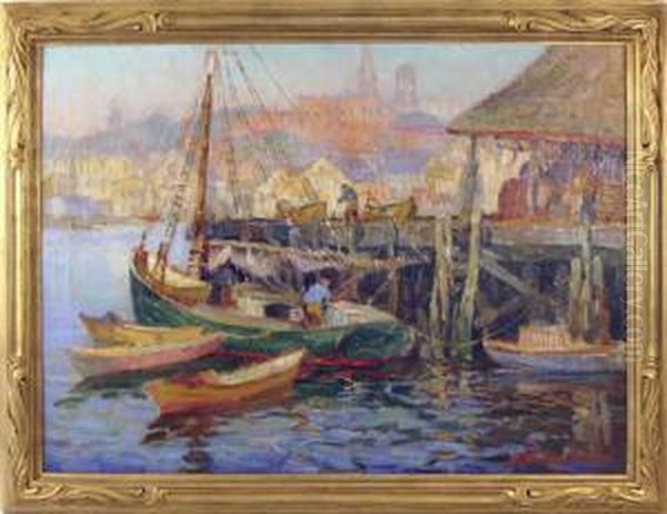 Harbor Scene Oil Painting by Bertha Menzler Peyton