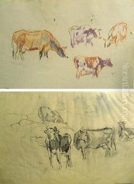 A Study Of Cattle Grazing; A Sketch Of Cats; A Study Of Cattle On The Hillside; Home In Autumn (group Of 4) Oil Painting by Bertha Menzler Peyton