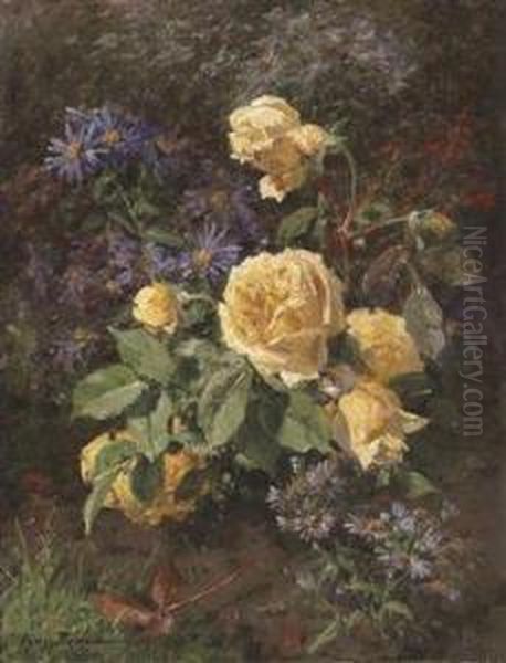 Grand Floral Still Life With Yellow Roses Oil Painting by Aymar Pezant