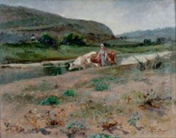 Vachere Et Ses Betes Au Bord De L'eau Oil Painting by Aymar Pezant