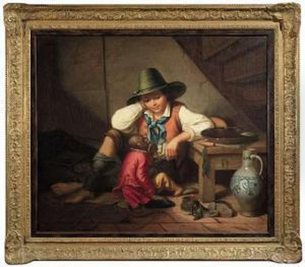 A Young Juggler With His Small Monkey Having Meal Oil Painting by E. Pezenburg