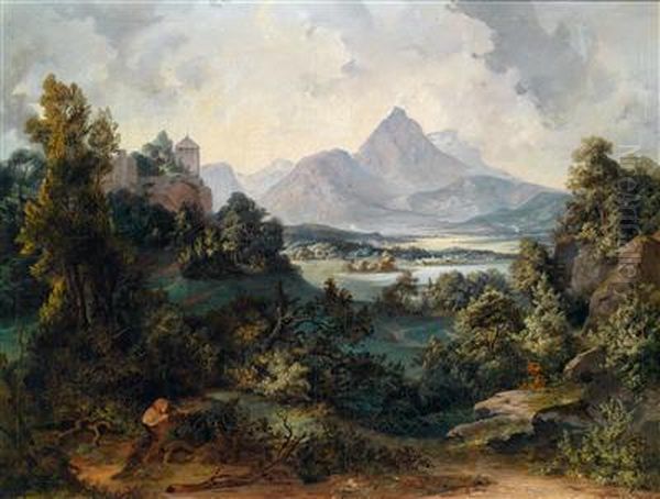 Der Stauffen Bey Salzburg Oil Painting by Georg Pezolt