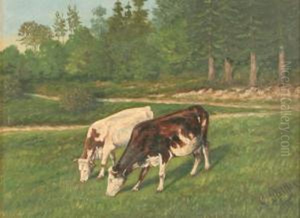 Zwei Weidende Kuhe Auf Einer Sommerwiese Oil Painting by Carl H. Pfeiffer