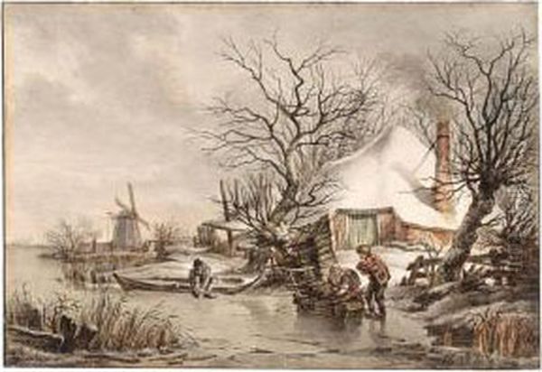 Winter Landscape With Figures Gathering Wood Oil Painting by Francois Joseph I Pfeiffer