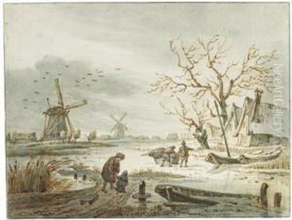 Figures On The Ice Near A Village In Winter Oil Painting by Francois Joseph Ii Pfeiffer