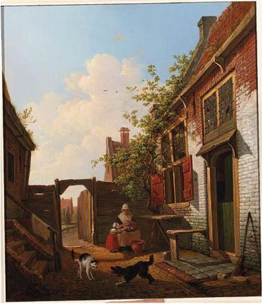 A Sunlit Courtyard With Mother And Child Peeling Vegetables Oil Painting by Francois Joseph Ii Pfeiffer