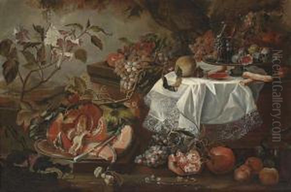 A Cut Pumpkin On A Silver Platter, Figs, Wine Glasses And Pastries On A Draped Plinth Oil Painting by Maximillian Pfeiler