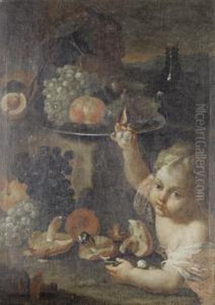 A Young Boy Eating Pumpkin, With Glasses On Apewter Tray On A Stone Ledge Oil Painting by Maximillian Pfeiler