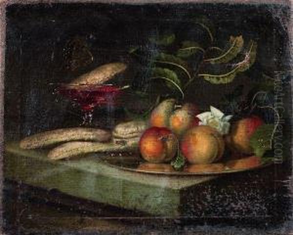 Nature Morte Au Plat De Figues Et De Peches Et 
Nature Morte Aux Peches Et Biscuits Dans Une Coupe De Vin Oil Painting by Maximillian Pfeiler