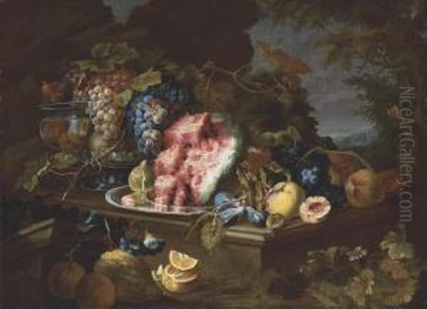 Lemons, Pears, A Fig, A Watermelon, Plums, And Grapes In A Metalvessel On A Stone Table Oil Painting by Maximillian Pfeiler