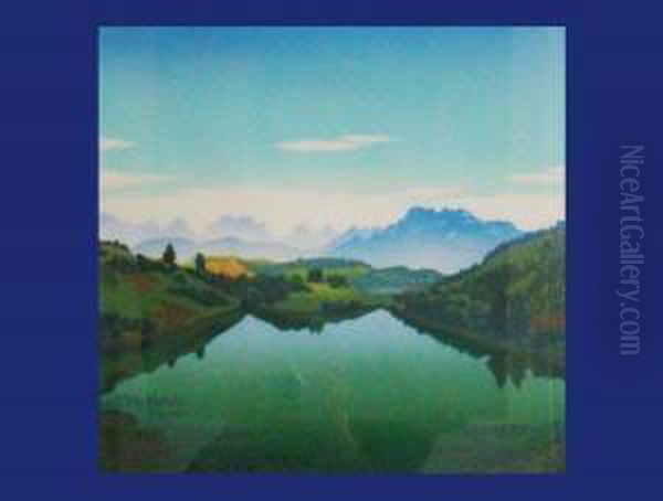 Tiroler Bergsee.farbholzschnitt, Rechts Unten Signiert: Karl Pferschy. 42 X 43.gerahmt Oil Painting by Karl Pferschy