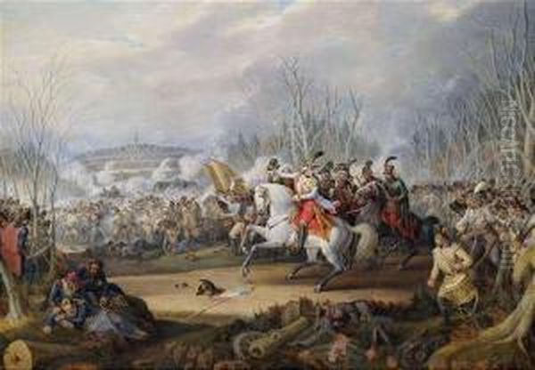 Battle Scene From The Napoleonic Wars. Oil Painting by Johann Baptist Pflug