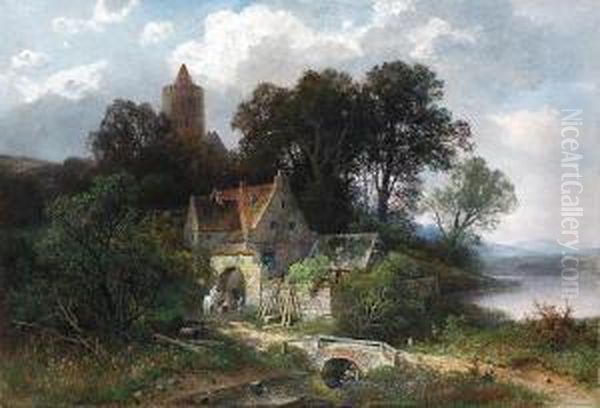 Altes Wirtshaus Am Seeufer Und Steinerner Brucke Vor Altem,-) Oil Painting by Gustav Pflugradt