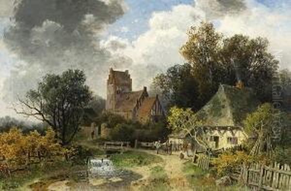 Dorf Mit Backsteinkirche. Oil Painting by Gustav Pflugradt