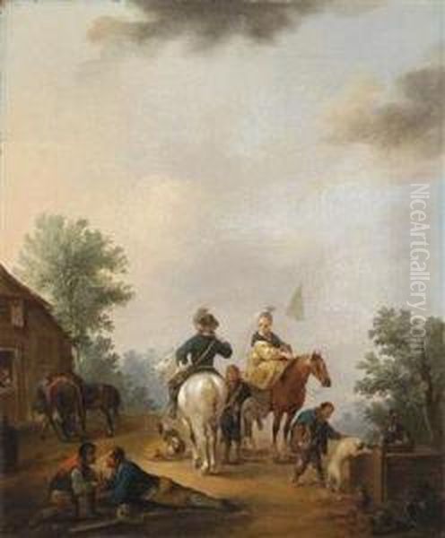 Horseman And Horsewoman In Front Of A Fountain And Horseman And Horsewoman In Front Of A City Wall Oil Painting by Johann Georg Pforr